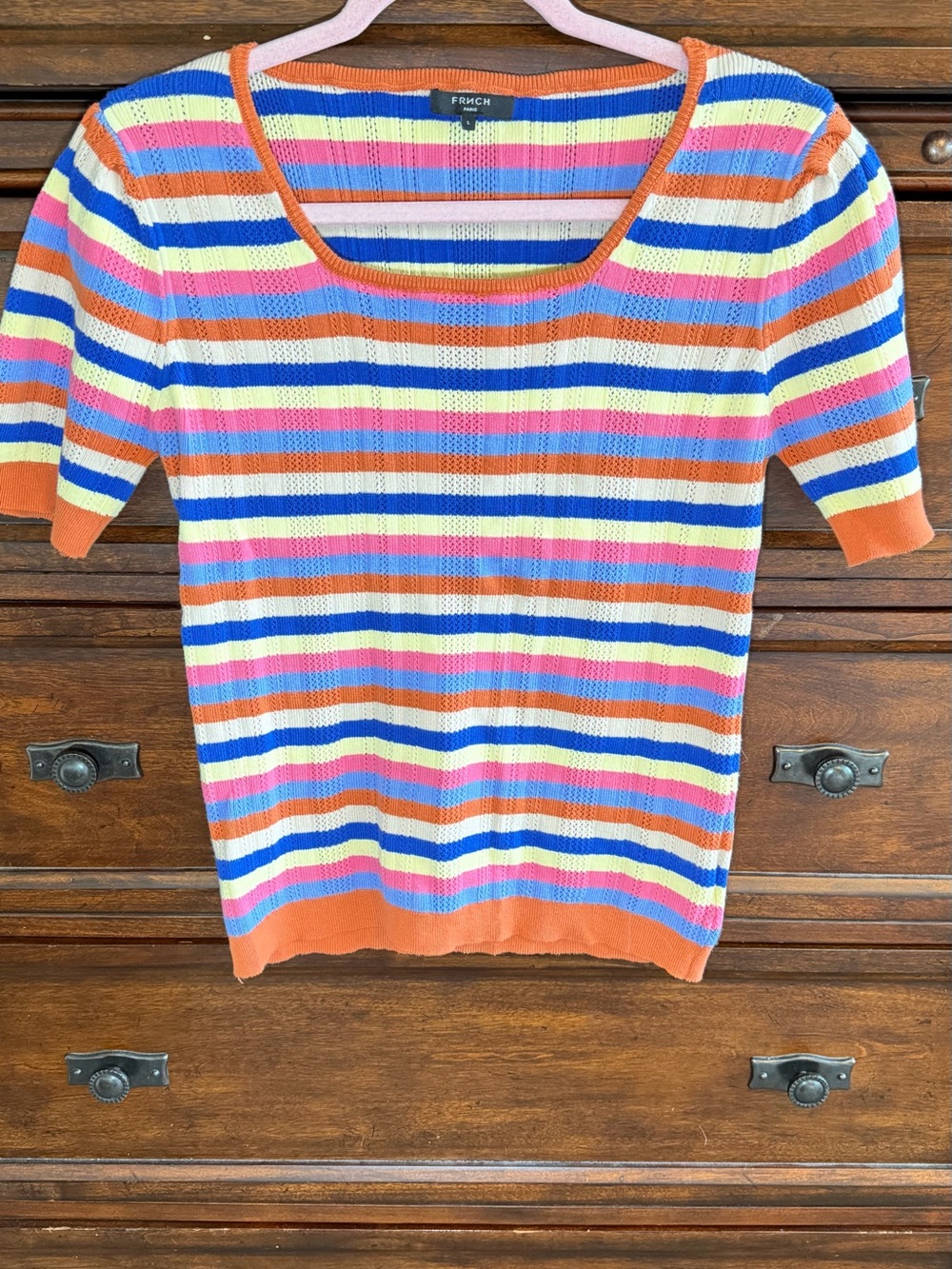 FRNCH Striped Scoop-Neck Knit Top in Orange, Pink, Blue, Cream
